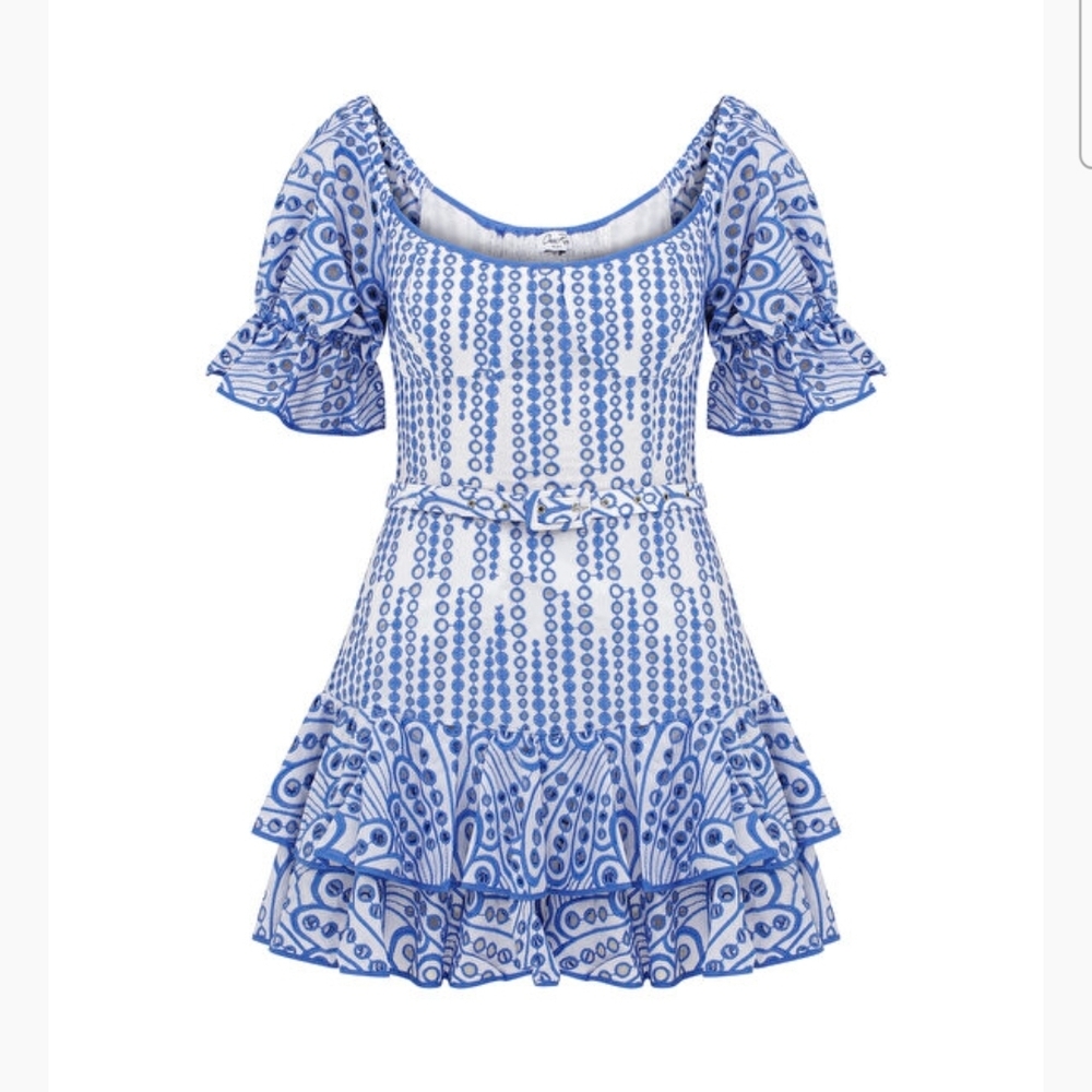 Charo Ruiz Ibiza- Jean Eyelet Mini Dress Blue & White, Like New *Accepting Offer